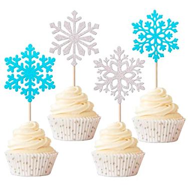 Imagem de Rsstarxi 24 Pack Snowflake Cupcake Toppers Glitter Winter Frozen Theme Cupcake Picks Baby Shower Cake Decorations for Snowflake Theme Christmas Kids Birthday Theme Party Supplies Silver and Blue