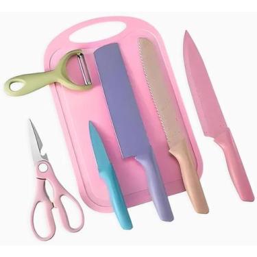 Imagem de Super Kit de Facas Gourmet Inox com tábua de corte 7 Pecas coloridas -