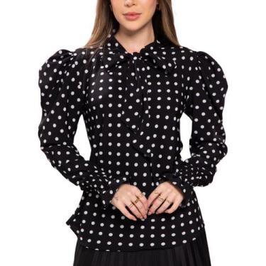 Imagem de Camisa Blusa Feminina Manga Longa Bufante Com Gola Laço Poa - Look Mod