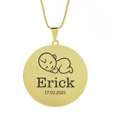 Imagem de Gargantilha Pingente Redondo Personalizado Nome Erick Banhado Ouro 18K