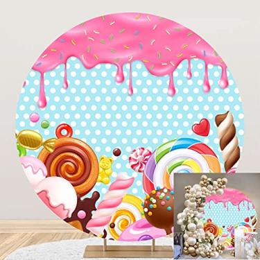 Imagem de Yeele Pano de fundo redondo de 2,1 x 2,1 m para meninas, decoração de festa de aniversário, creme, confete colorido, pirulito, rosa, azul, fundo fotográfico, meninas, chá de bebê, donut, faixa de