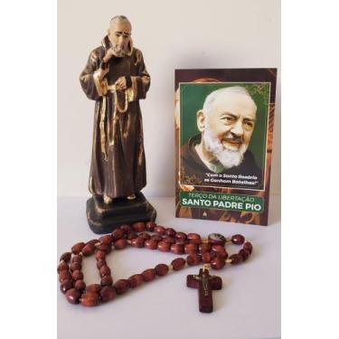Imagem de Imagem Padre Pio Gesso Em Acabamento Fino - 20cm + Terço em Madeira + 