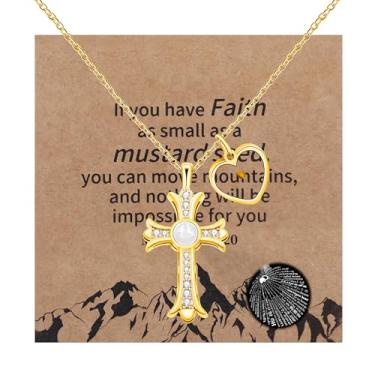 Imagem de Uloveido Colar de cruz religiosa para mulheres - Colar com pingente de cruz de zircônia cúbica de projeção I Love You em 100 idiomas com pingente de coração e semente de mostarda para presente