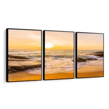 Imagem de Quadro Decorativo Praia Mar Paisagem por sol ondas moderno luxo Sala Quarto Com Moldura vidro (Moldura Preta, 60x80, Com Vidro)