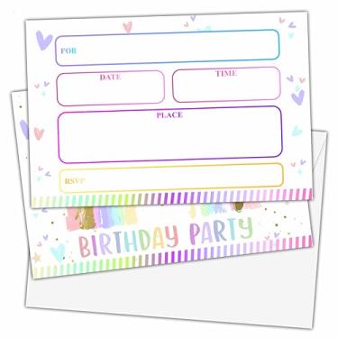 Imagem de Convites de aniversário arco-íris com envelopes (25 unidades) - Cartões coloridos de convites de festa para meninas e crianças decorações - B14