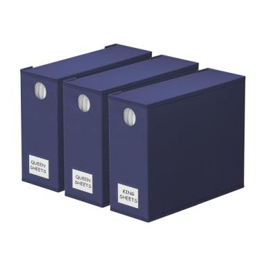 Imagem de SpaceAid Pacote com 3 organizadores e armazenamento de lençóis, organizador de lençóis dobrável para armário de linho, conjunto de lençóis com janela GG (tamanho queen e king) recipiente de cama (azul