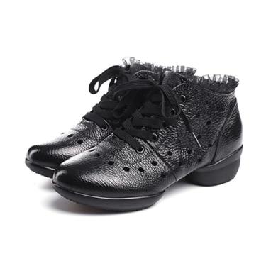 Imagem de ZHENSI Botas femininas de dança de couro Jazz Shoes de salto baixo com cadarço e sola dividida modernas, botas de dança latina, Preto, B, 33