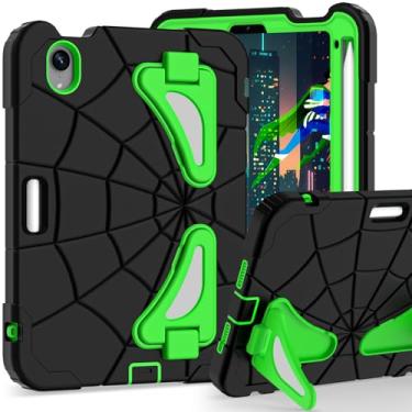Imagem de Capa infantil para iPad Mini 7 A17 Pro 2024/Mini 6 21.1 cm, capa aranha para iPad Mini 7ª 6ª geração, capa protetora completa à prova de choque durável com suporte para lápis, suporte (preto + verde)