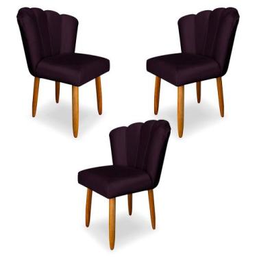 Imagem de Kit 3 Cadeiras de Jantar Pétala Estofada Pés Palito Veludo Roxo - Mont
