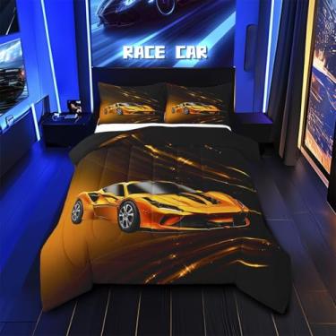 Imagem de Feelyou Conjunto de cama Queen com carro de corrida amarelo, para crianças, adolescentes, adultos, Velozes e Furiosos, conjunto de edredom amarelo ombré, 3 peças