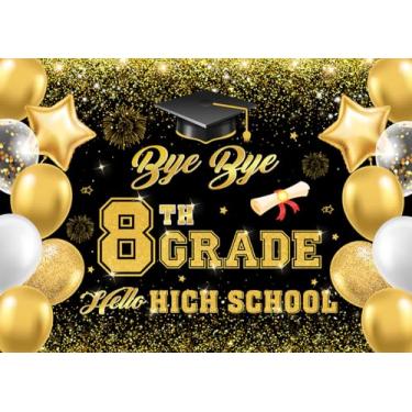 Imagem de LYWYGG 2,1 x 1,5 m Fundo de fotografia de graduação Bye Bye Bye 8ª série pano de fundo de pós-graduação 8ª série decoração de festa de formatura cp-648