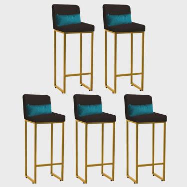Imagem de Kit 05 Banqueta Alta com Encosto Lucca Industrial Cozinha Balcão Ferro Dourado Suede Marrom e Almofada Azul Turquesa - Ahz Móveis