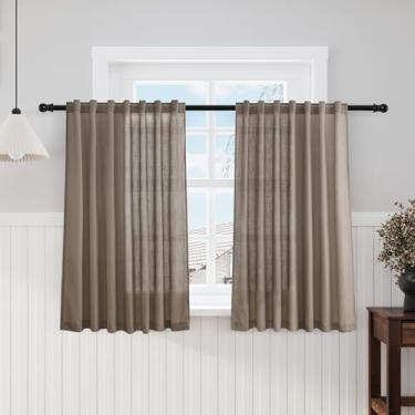 Imagem de Cortinas de cozinha cinza-escuro para café 113 cm de comprimento, conjunto de 2 painéis, bolso traseiro, varão, semitransparente, filtro de luz, cortina curta Farmhosue para janela de porão, banheiro