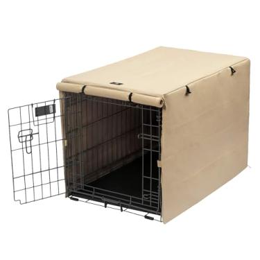Imagem de X-ZONE PET Capa para gaiola de cachorro de porta dupla - Capa de canil de poliéster para animais de estimação (serve para caixa de arame de 61 cm 30 36 42 polegadas) (61 cm, bronzeado)