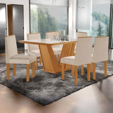 Imagem de Mesa de Jantar 6 Lugares França com Vidro Castanho/Cinamomo/Suede Creme - Lj Móveis