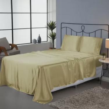 Imagem de Kit Jogo de Lençol Casal de Cetim Charmousse Lençol c/ Elástico e Vira Virol Completo Liso - 4 Peças