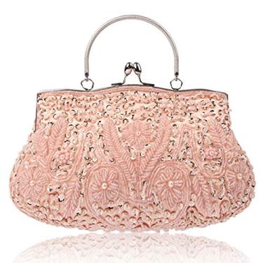 Imagem de KISSCHIC Bolsas femininas para noite vintage com design de lantejoulas e miçangas bolsa clutch para casamento, rosa, Large