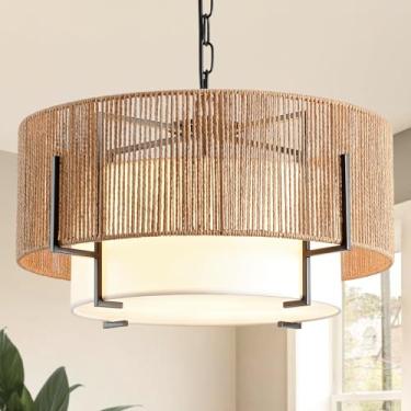 Imagem de SupMaka Lustre De Vime Com 4 Lâmpadas, Pendente Estilo Boho De 49 Cm Com Cúpula De Tecido, Luminária De Teto Suspensa Em Estilo Fazenda Para Sala De Jantar, Sala De Estar, Ilha De Cozinha, Quarto,