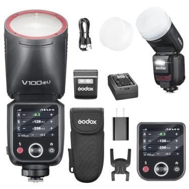 Imagem de GODOX V100N U Flash V100-N USA 100 W Cabeça redonda Touch Screen Flash para Nikon, sem fio 2,4 G com flash externo e sincronização global de flash do obturador 1/80000s, bateria de lítio integrada