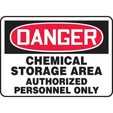 Imagem de Accuform MCHL024XV Placa adesiva "Perigo de área de armazenamento químico apenas autorizada para pessoal", 25,4 cm de altura, 35,5 cm de largura, 25,4 cm de comprimento, 0,01 cm de espessura, vinil durável, vermelho/preto sobre branco