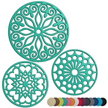 Imagem de Conjunto de 3 tapetes de silicone com 1 extra grande incluído | intrincadamente esculpido, flexível, durável, antiderrapante, grosso, redondo, premium, para panelas quentes e panelas | Verde menta