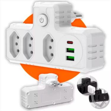 Imagem de Adaptador Universal de Tomada 3 Tomadas Pinos com USB Tipo C Carregado