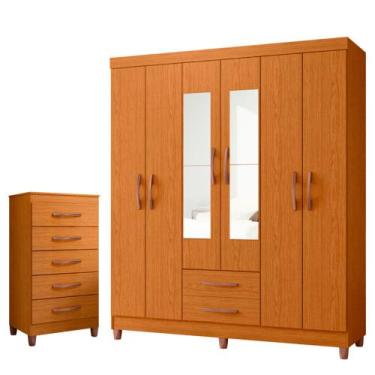 Imagem de Quarto Solteiro Completo Guarda Roupa Âmbar 6 portas com Espelho Cômod