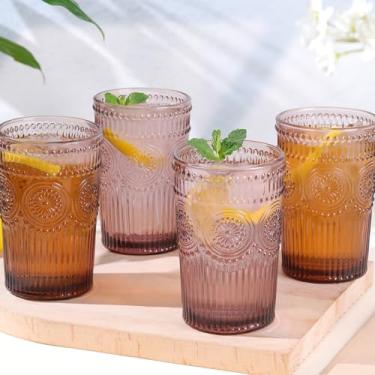 Imagem de Darlion Conjunto De Copos Vintage Vidro Com 4 Água Highball Roxos 13 Oz, Em Relevo Para Suco, Cerveja, Coquetel, Uísque E Bebidas Mistas Diversas
