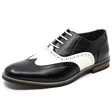 Imagem de Sapato social masculino Oxford de dois tons Spectator Wingtip perfurado com cadarço ALEX-08, Preto, branco, 41