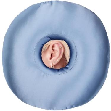 Imagem de Travesseiros sedosos para piercing de orelha com orifício para dormir de lado, almofada de donut, alívio de dor de ouvido, CNH, protetor de orelha, acetinado, azul embaçado