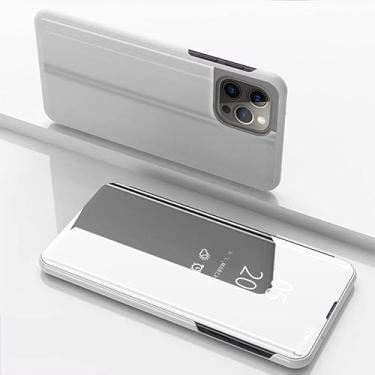 Imagem de Asdsinfor Capa para iPhone 16 Pro, Slim Clear View Window Case Multi-Function Make Up Mirror Flip Kickstand Capa protetora para iPhone 16 Pro 6,3 polegadas espelho PU prata QH