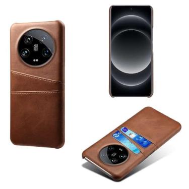 Imagem de Capas Compatível com Xiaomi 14 ULTRA,Caso de couro PU-Tampa de telefone a prova de choque com 2 slots de cartão,Proteção anti-impressão digital e anti-gota-Brown