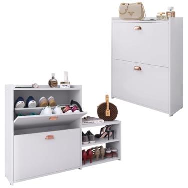 Imagem de Kit Sapateira Milano Closet Prateleira Organizadora Calçados Banquinho Hall Entrada Gaveta Basculante Branco - Lojas RPM