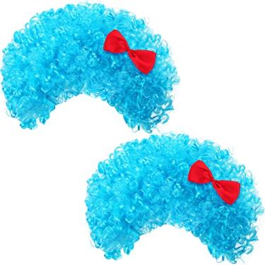 Imagem de Jutom 2 peças de peruca azul azul afro peruca azul funky blue thing peruca azul felpudo fantasia peruca para 100º dia de escola festa à fantasia de Halloween