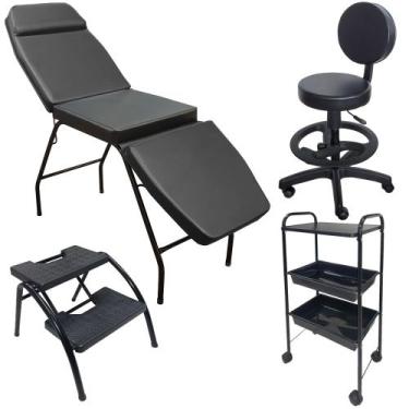 Imagem de Kit Estética Preto Maca 3 posições, Mocho, Escada e Carrinho - For-ty