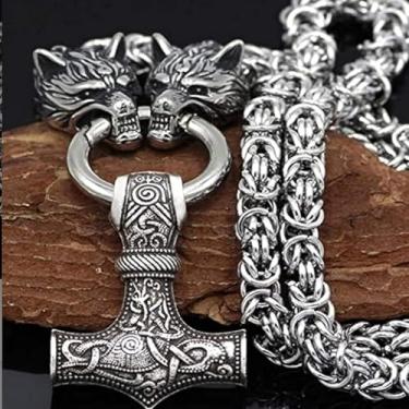Imagem de Colar Pingente De Martelo De Thor Com Cabeça De Lobo Viking Para Homens, Joias Talismãs De Aço Inoxidável Pesado Mjolnir Nórdico