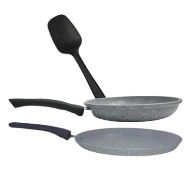 Imagem de Kit com Frigideira 24cm + Tapioqueira 22cm e Espátula Preta - Design Granilite e Antiaderente Premium