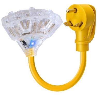 Imagem de Adaptador de 30 Amp para 110V Cabo de extensão de alimentação de distribuição de gerador de 15 Amp NEMA TT-30P macho para divisor de saídas 3x5-15R/20R com indicador LED, elétrico de 3 vias 120V para