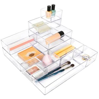 Imagem de Recogwood Conjunto organizador de gaveta de acrílico empilhável, 11 caixas de armazenamento de vários tamanhos para maquiagem, mesa de escritório, banheiro, penteadeira e utensílios de cozinha