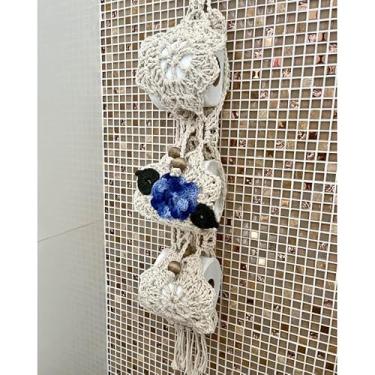 Imagem de Porta Papel Higiênico Flor Bordado Crochê Artesanal - 3 Lugares (Azul)