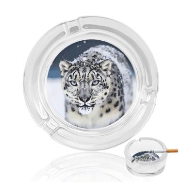 Imagem de Cinzeiro de vidro de cristal de leopardo de neve com olhos azuis, cinzeiro redondo de vidro resistente para fumar cinzeiro portátil decorativo moderno para uso em casa, escritório, interior, exterior