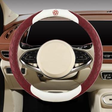 Imagem de Capas de volante de microfibra elástica para mulheres, ajuste universal, carro de 38 cm, linda flor de camélia, antiderrapante, respirável, absorvente (vermelho)