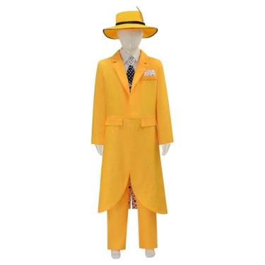 Imagem de picmefee Fantasia masculina Jim Carrey para adultos fantasia masculina amarela cosplay jaqueta calça terno para Halloween (criança, 150 cm)