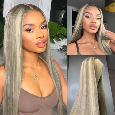 Imagem de Perucas Para Mulheres Branco Loiro Platinado Reto Frente De Renda Perucas De Cabelo Humano 13x4 Hd Transparente 180% Densidade Perucas Frontais De Renda Encaracoladas, 613 Highlight Blonde, 24 Inch