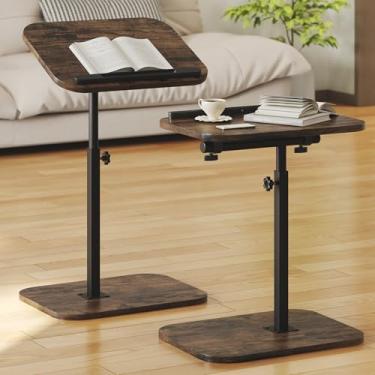 Imagem de Conjunto de 2 mesas de sofá com braço de sofá, bandeja de TV, suporte de cama pequeno, mesas laterais em forma de C para sala de estar, quarto, cabeceira, marrom rústico