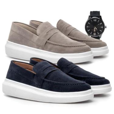 Imagem de Kit 2 Mocassim Masculino Sola Alta Macio Loafer Derby em Camurça Costu