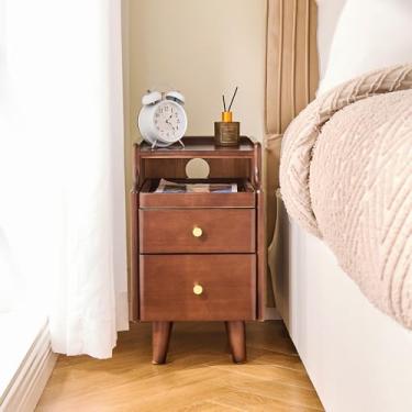 Imagem de Mesa de cabeceira moderna de madeira estreita de meados do século – mesa de cabeceira de madeira maciça com 2 gavetas, mesa de cabeceira lateral pequena e alta com armazenamento para sala de estar
