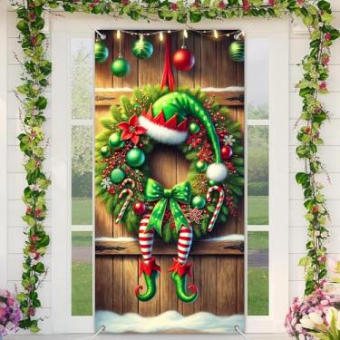 Imagem de BlissYard Capa de porta de guirlanda de elfo de Natal, 89 x 188 cm, faixa de porta festiva de Natal, chapéu de elfo, pernas, decorações de porta, tecido de poliéster, mural de parede, capas de