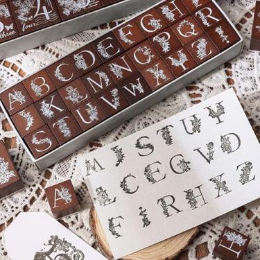 Imagem de SIBLYMONA Conjunto de carimbos de borracha de madeira estilo flor - 10 peças ou 27 peças de carimbos do alfabeto para artesanato - Kit de carimbos decorativos de letras e números (número (10 peças))