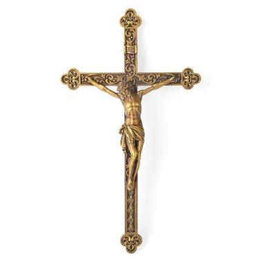 Imagem de Cruz de parede com crucifixo católico BC, decoração religiosa de Jesus Cristo, presente de casamento católico, visual esculpido renascentista, acabamento dourado vintage, feito de resina, 30 cm A